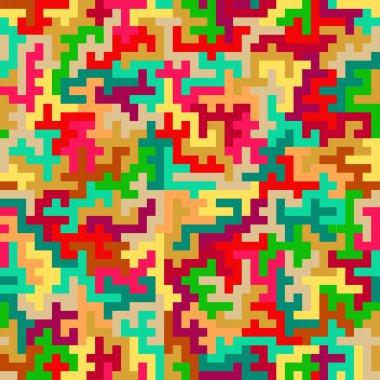Parlak geometrik piksel kusursuz tekrarlayan desen. Arkaplan, tekstil, duvar kağıtları ve dijital sanat projeleri için canlı çok renkli bulmaca veya labirent vektör dokusu