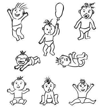 Komik bebeklerin siyah-beyaz çizimleri. Değişik yüzlü ve farklı pozlarda bez giymiş çocukların sıradan bir el çizimi.