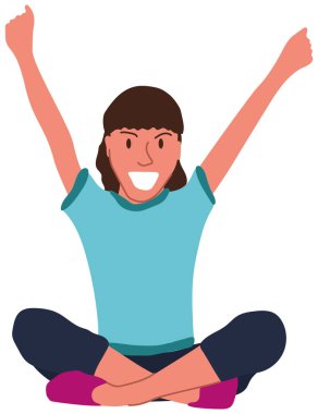 Kolları havada, Lotus pozisyonunda oturan mutlu kadın. Modern çizgi film kadın vektörü rahat ev kıyafetleri içinde, şeffaf bir arka planda izole edilir.