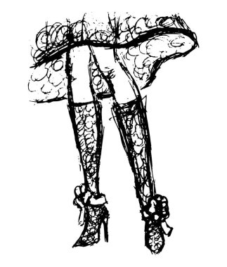 Yüksek topuklu çizmeler ve elbiseyle kadın bacakları çizmek çok zor. Beyaz arka planda izole edilmiş zarif kızın vücut çizimi