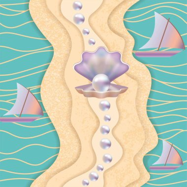 Deniz manzarasının vektörsüz deseni. Suyun soyut dokusu, kumlu kıyılar, balıkçı tekneleri ve sahilde incili deniz kabukları.
