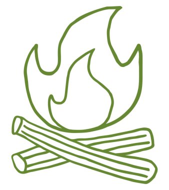 Kamp ateşinin elle çizilmiş vektör çizimi. Yeşil monokrom ana hatlı karalama simgesi şeffaf arkaplanda izole