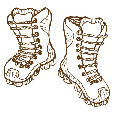 Bir çift yürüyüş botunun vektör çizimi. Kabataslak vintage tek renkli kahverengi freehand illüstrasyonu şeffaf arkaplanda izole edilmiştir