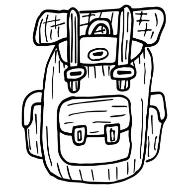 Seyahat çantasının basit el çizimi siyah-beyaz doğrusal tırmanışı. Şeffaf arkaplanda karikatür kaba vektör çizimi izole