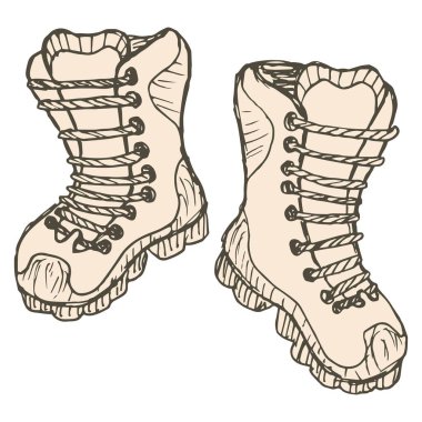 Bir çift yürüyüş botunun kabataslak çizimi. Basit düz kahverengi freehand vektör karalama şeffaf arkaplanda izole