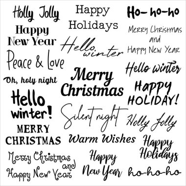 Farklı yazı tiplerinde yirmi aralık siyah beyaz harflerle yazılmış. Mutlu yıllar, mutlu Noeller, Merhaba Winter, Holly Jolly, Sessiz Gece ve diğerleri, beyaz arka grupta izole edilmiş