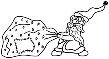 Elinde koca bir çanta dolusu hediyeyle çılgın bir Noel Baba 'nın siyah beyaz çizimi. El çizimi karikatür çizimi şeffaf arkaplanda izole edilmiş. Çocuk boyama sayfası illüstrasyonu