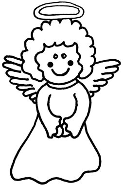 Kanatları ve halesi olan şirin bir Noel meleği. Basit bir el çizimi karalama. Çocuk boyama sayfası için siyah ve beyaz ana hatlı vektör çizimi