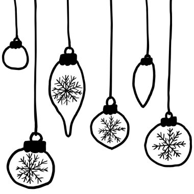 Elle çizilmiş, çocuksu, karla çizilmiş bir dizi Noel oyuncağı. Şeffaf arkaplanda izole edilmiş siyah beyaz basit vektör tasviri