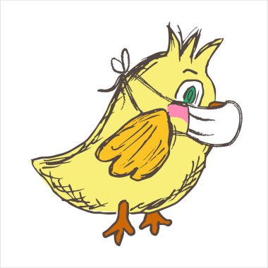 Çizgi filmdeki koruyucu maske takan hatunun yan görüntüsü. Vektör çocuk karakteri. Coronavirus koruma kavramı