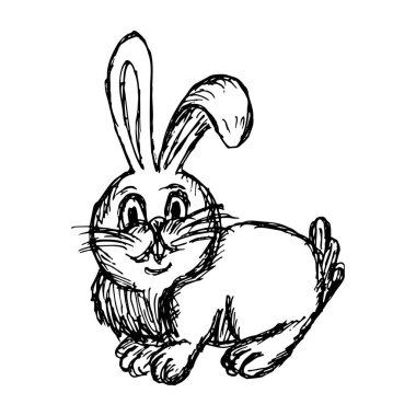 Sevimli çizgi film tavşanı dört ayak üstünde duruyor. El çizimi siyah-beyaz vektör çizimi şeffaf arkaplanda izole edildi