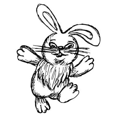 Zıplayan neşeli tavşanın kaba el çizimi çizimi. Grunge siyah ve beyaz vektör çizimi şeffaf arkaplanda izole edildi
