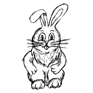 Kürk yakalı şirin bir tavşan. Kaba siyah beyaz freehand çizgisi vektör çizimi, şeffaf arkaplanda izole