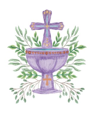 Menekşe bir vaftiz kasesinin vektör klipsi ve suluboya olarak biçimlendirilmiş yeşil dallarla çerçevelenmiş bir haç. Vaftiz için elle çizilmiş vektör klibiName