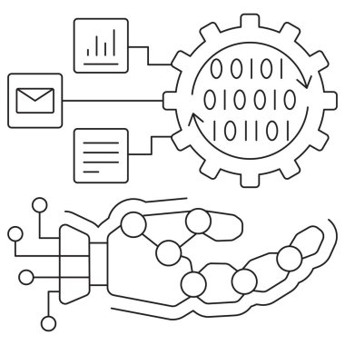 Robotik İşlem simgesi. Şeffaf arkaplanda ince çizgileri olan basit tek renkli siyah vektör çizgisi. Çizgi kalınlığı düzenlenebilir