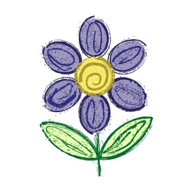 Creative vector color grunge flower icon. Simple flat doodle of blue flowering plant isolated on white background clipart