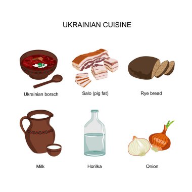 Borş, salo, çavdar ekmeği, süt, Horilka, soğan - vektör simgeleri. Bir dizi Ukrayna geleneksel mutfağı.