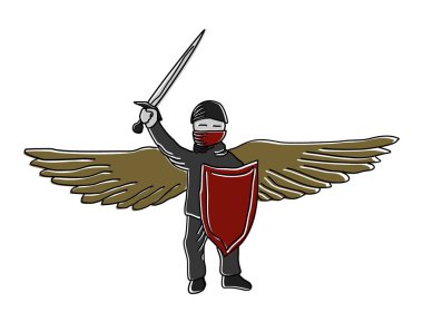 Basit çizgi film vektör rengi. Kanatları, kılıcı ve kalkanı olan savaşçı savunucu. Bir kişinin sembolü - bir Protestan, bir savaşçı, bir savunucu. Devrim kavramı ve kendi hakları için mücadele