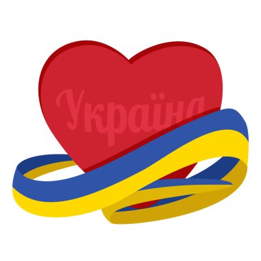Mavi ve sarı Ukrayna bayrağıyla çevrili Ukrayna sözcüğünün içinde olduğu kırmızı kalp. Ukrayna 'ya olan sevgi kavramı. Şeffaf arkaplanda basit vektör clipart izole