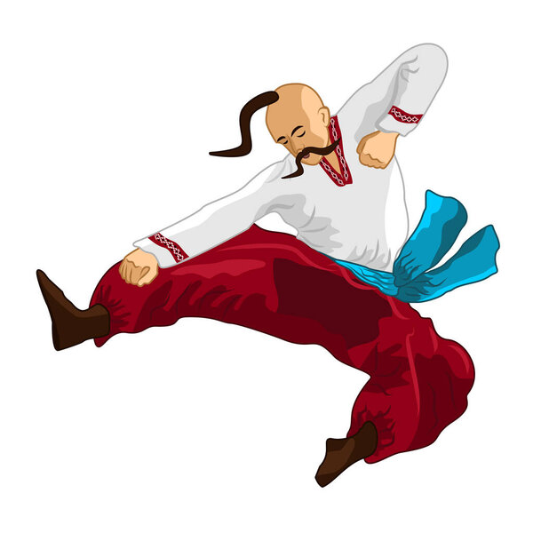 Векторный клипарт запорожского казака, исполняющего движение украинского боевого гопацкого танца. Мужчина в красном Шароваре и белая вышитая Вышыванка с длинным куском волос на лысой голове