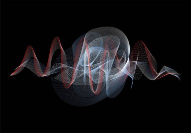 Soyut geometrik element ve dinamik doğrusal dalgalar. Siyah arkaplan üzerindeki ışık çizgilerinin vektör illüstrasyonu