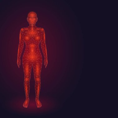 Koyu arkaplanda kırmızı, parlak, düşük polyester bir kadın silueti. Siber uzayda tehlike kavramı. Kopyalama alanı olan vektör şablonu