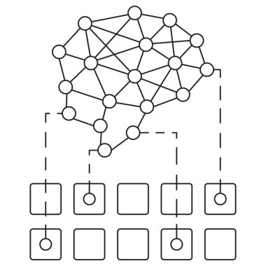 Yapay zeka simgesi için özellik. Şeffaf arkaplanda ince çizgileri olan basit tek renkli siyah vektör çizgisi. Çizgi kalınlığı düzenlenebilir