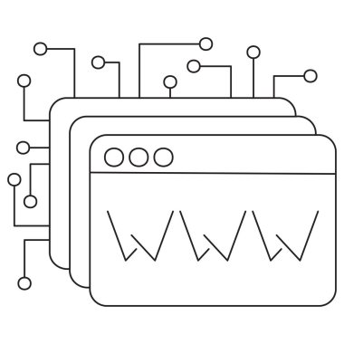 WWW sembolü ve dijital devre bağlantıları olan birden fazla web tarayıcı penceresinin minimalist simgesi. Şeffaf bir arkaplanda ince çizgili bir vektör çizimi. Çizgi kalınlığı düzenlenebilir
