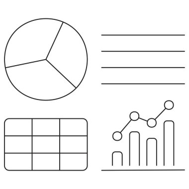 Veri görselleştirme elementlerinin simgesi, bir pasta grafiği, bar çizelgesi, tablo ve metin satırları, analitiği sembolize eden ve raporlamayı da içeren. İnce siyah çizgileri olan vektör resim grafiği, düzenlenebilir çizgi kalınlığı