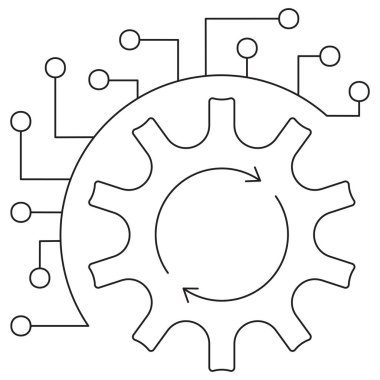 Bağlı ağ düğümlerine sahip basit dişli ya da çark simgesi. Şeffaf arkaplanda ince siyah darbeler içeren vektör çizgisi çizimi çizimi. Özelleştirme için düzenlenebilir vuruş genişliği