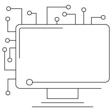 Devre bağlantıları olan, dijital teknolojiyi ve ağı sembolize eden bir bilgisayar monitörünün vektör simgesi. Şeffaf bir arkaplanda ince siyah çizgi çizimi. Ölçeklenebilir ve düzenlenebilir vuruş genişliği