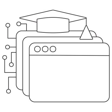 Yapay zeka eğitim web sitesi simgesi. Mezuniyet başlığı ve sinirsel ağ öğrenme yapay zekasını sembolize ediyor. Vector pictogram, şeffaf, düzenlenebilir inme üzerinde ince siyah çizgiler. Yapay zeka öğrenme platformları ve kursları için mükemmel