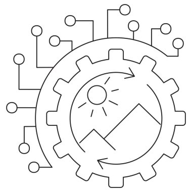 İçinde ağ düğümleri, güneş ve dağ manzarası olan basit bir vites simgesi. Şeffaf arkaplanda ince siyah darbeler içeren vektör çizgisi çizimi çizimi. Özelleştirme için düzenlenebilir vuruş genişliği