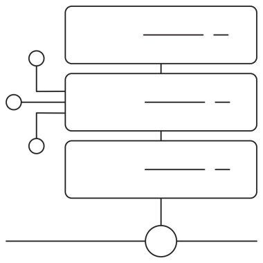 Dijital devre bağlantıları olan bir sunucu yığınının simgesi, yapay zeka veritabanı yönetimini, sunuculuğunu ve ağ teknolojisini sembolize ediyor. İnce siyah çizgileri olan vektör çizimi. Düzenlenebilir vuruş kalınlığı