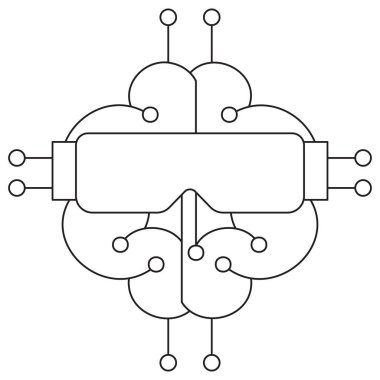 VR kulaklık ve devre elementlerine sahip bir beynin simgesi, yapay zekayı, sanal gerçekliği ve nöral ağları sembolize ediyor. İnce siyah çizgileri olan bir vektör çizimi. Çizgi kalınlığı düzenlenebilir
