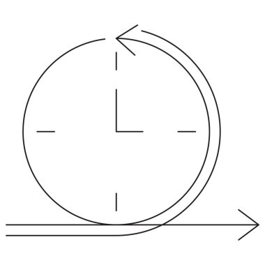 Etrafında bir ok olan bir saatin simgesi, zaman yönetimini, zaman çizelgesini ve sürekli iş akışını simgeliyor. Şeffaf üzerinde ince siyah çizgiler olan bir vektör resim. Çizgi kalınlığı düzenlenebilir
