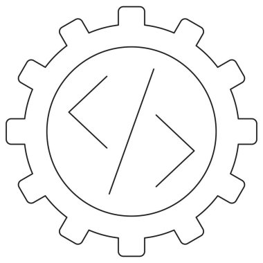 İçinde kod sembolü olan bir dişli simgesi, yazılım geliştirme, programlama ve otomasyonu temsil ediyor. Şeffaf arkaplanda ince siyah çizgileri olan bir vektör çizelgesi. Çizgi kalınlığı düzenlenebilir