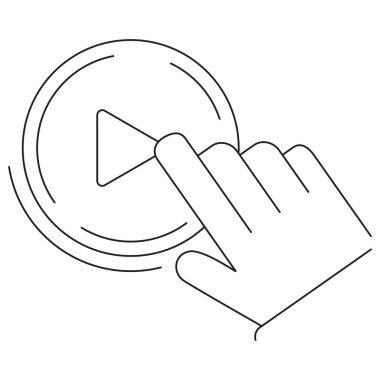 Bir elin çalma tuşuna basması, ortamı sembolize etmesi, başlaması, başlaması ve başlatılması. Şeffaf üzerinde ince siyah çizgiler olan bir vektör resim. Çizgi kalınlığı düzenlenebilir