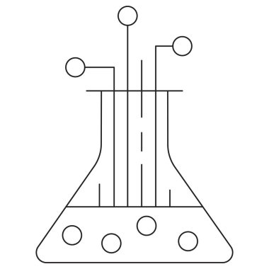 Bilim ve teknolojinin, biyoteknolojinin ve yapay zeka araştırmalarının birleşimini sembolize eden devre elementleriyle dolu bir laboratuvar şişesinin simgesi. İnce çizgileri olan vektör çizelgesi. Çizgi kalınlığı düzenlenebilir