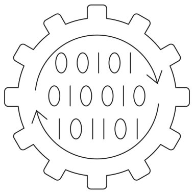 İçinde ikili kod olan bir dişli simgesi, dijital otomasyonu, veri işlemeyi ve yapay zeka teknolojisini sembolize ediyor. Şeffaf üzerinde ince siyah çizgiler olan bir vektör resim. Çizgi kalınlığı düzenlenebilir