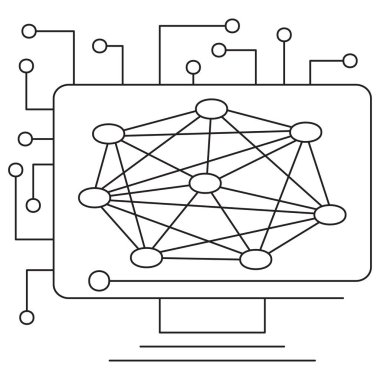 Yapay zeka, sinirsel ağlar ve birbirine bağlı veri düğümlerini temsil eden yapay zeka ikonu. Şeffaf arkaplanda ince siyah çizgileri olan bir vektör çizelgesi. Düzenlenebilir satır kalınlığı
