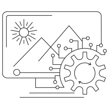 Yapay zeka görüntü işleme simgesi. Otomatik fotoğraf düzenleme, geliştirme ve bilgisayar görme teknolojilerini gösteren vektör resim grafiği. İnce siyah çizgiler. Satır kalınlığı özelleştirmesi için düzenlenebilir vuruş