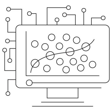 Yapay zekada lojistik gerileme simgesi. Veri noktaları aracılığıyla eğri bir sınıflandırma sınırını gösteriyor. Düzenlenebilir ince siyah çizgileri olan vektör resim grafiği, en düşük taslak biçimi