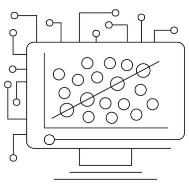 Yapay zekada doğrusal gerileme simgesi, dijital arayüzdeki veri noktaları arasında düz bir eğilim çizgisi gösteriyor. Düzenlenebilir ince siyah çizgilere sahip, temiz taslak biçimli bir vektör resim grafiği