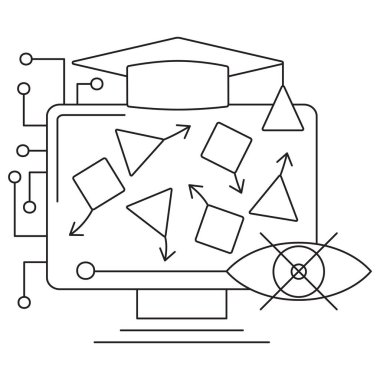Yapay zekada denetimsiz öğrenmenin simgesi. Üçgen ve kare şekiller arasında rastgele oklar var. Şeffaf, düzenlenebilir çizgi kalınlığında ince siyah çizgileri olan vektör resim grafiği