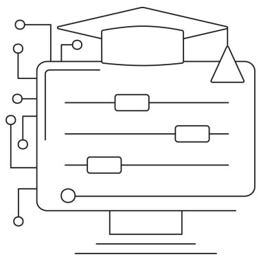 Bir bilgisayar ekranında ayarlanabilir kaydırıcıları olan yapay zeka hiperparametrelerinin simgesi. Şeffaf arkaplanda ince siyah çizgileri olan bir vektör çizelgesi. Satır kalınlığı özelleştirme için düzenlenebilir