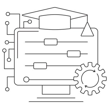 Ayarlanabilir kaydırıcıları ve bilgisayar ekranında vites simgesini gösteren Yapay Zeka parametreleme sürecinin simgesi. İnce siyah çizgileri olan vektör resim grafiği, düzenlenebilir satır kalınlığı özelleştirme için