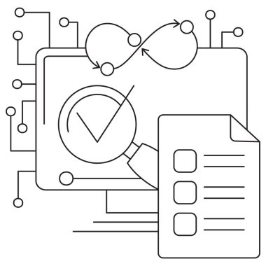 Bilgisayar ekranında sonsuz döngü, büyüteç, kontrol işareti ve kontrol listesi içeren makine öğrenme modeli değerlendirme simgesi. İnce siyah çizgileri olan, düzenlenebilir kalınlığı olan vektör resim grafiği