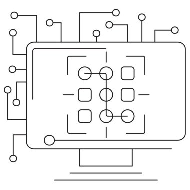Bir bilgisayar ekranında soyut sinirsel ızgara ve hedef çerçeve içeren Yapay Zeka desen tanıma simgesi. Şeffaf arkaplan üzerinde ince siyah çizgileri olan vektör resim grafiği, düzenlenebilir çizgi kalınlığı