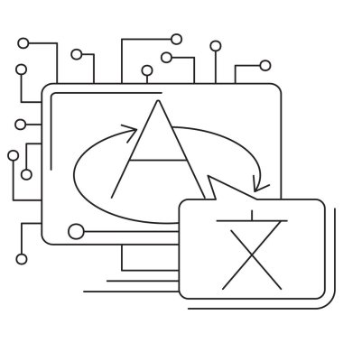 Bir bilgisayar ekranında konuşma baloncuğu ile harfleri ve dil sembollerini gösteren yapay zeka çevirisinin simgesi. Şeffaf arkaplan üzerinde ince siyah çizgileri olan vektör resim grafiği, düzenlenebilir çizgi kalınlığı